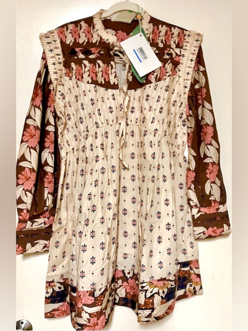 FARM RIO Pintucked printed cotton-voile Long-Sleeve Mini Dress: Medium - Picture 1 of 8